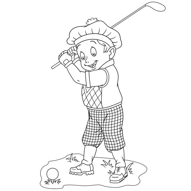 ilustrações de stock, clip art, desenhos animados e ícones de coloring page with boy playing golf - golf child sport humor