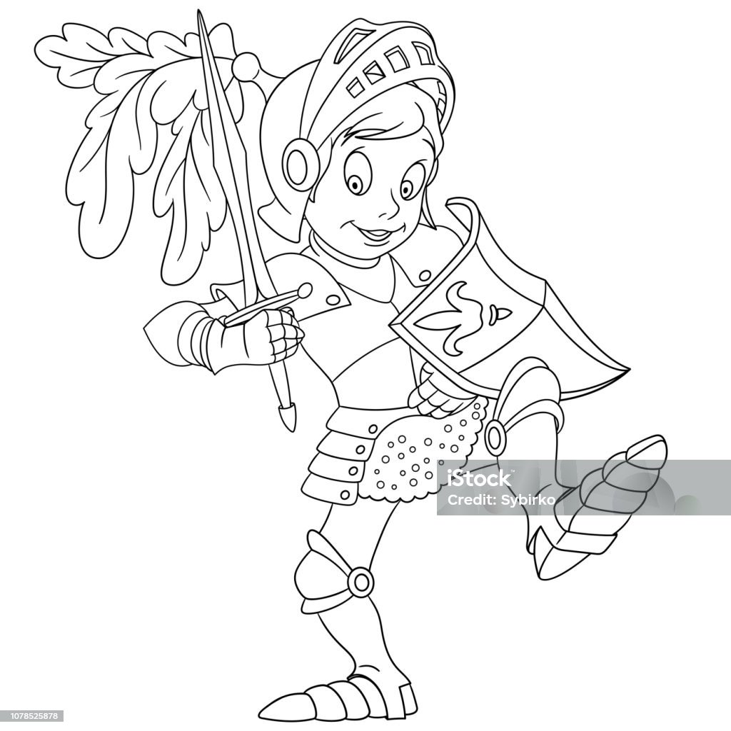 Coloring page with knight Coloring page. Cartoon knight. Coloring book design for kids. Knight - Person stock vector