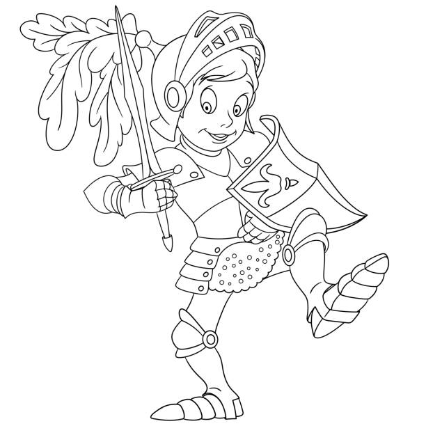 Coloring page with knight Coloring page. Cartoon knight. Coloring book design for kids. knight with shield clip art stock illustrations