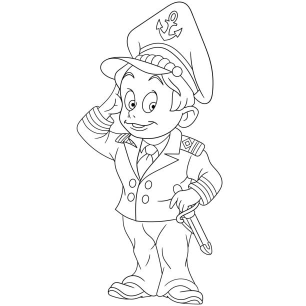 illustrazioni stock, clip art, cartoni animati e icone di tendenza di pagina da colorare con marinaio marino o capitano di barca - saluting sailor armed forces men