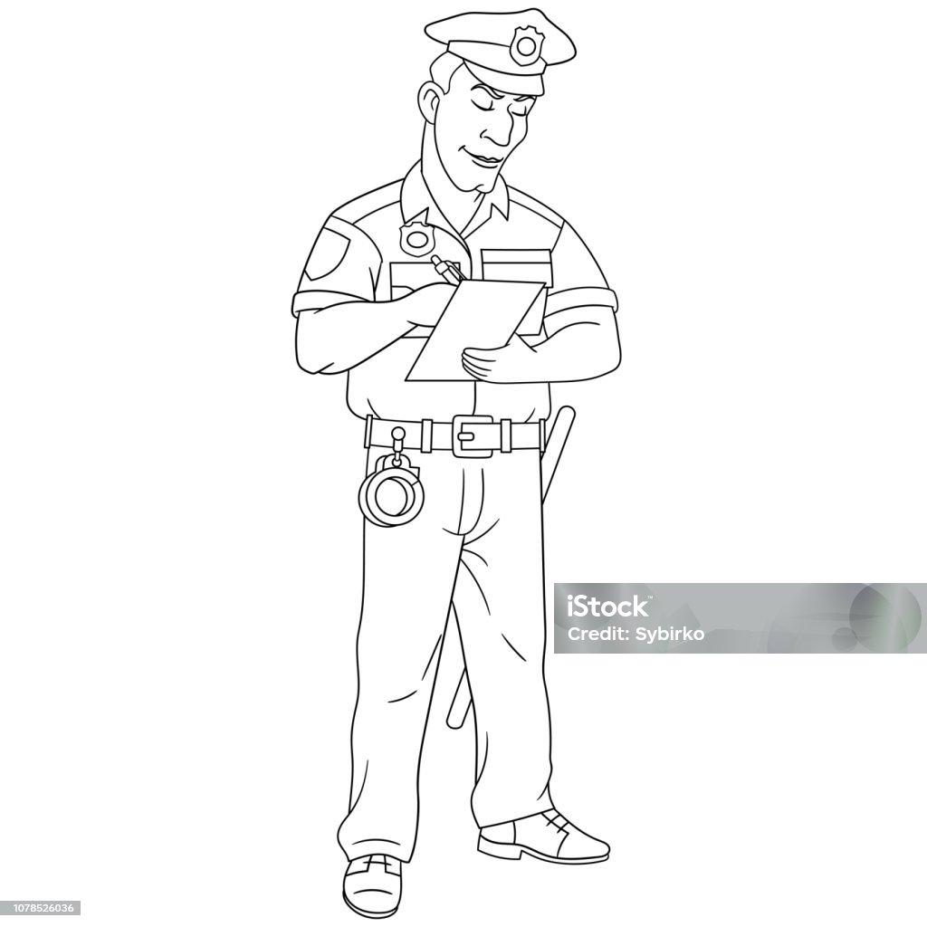 Coloring page with adult policeman Coloring page. Cartoon adult policeman. Coloring book design for kids. Coloring stock vector