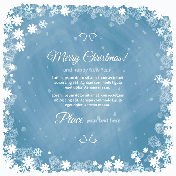 Frame from a variety of snowflakes on a chalkboard Frame from a variety of snowflakes on a chalkboard. Christmas blue background lunch borders stock illustrations