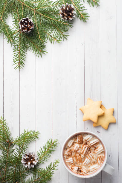 istock Christmas composition. Hot chocolate cookies, pine branches, cinnamon sticks, anise stars. Christmas, winter concept. Flat lay, top view 1078530888