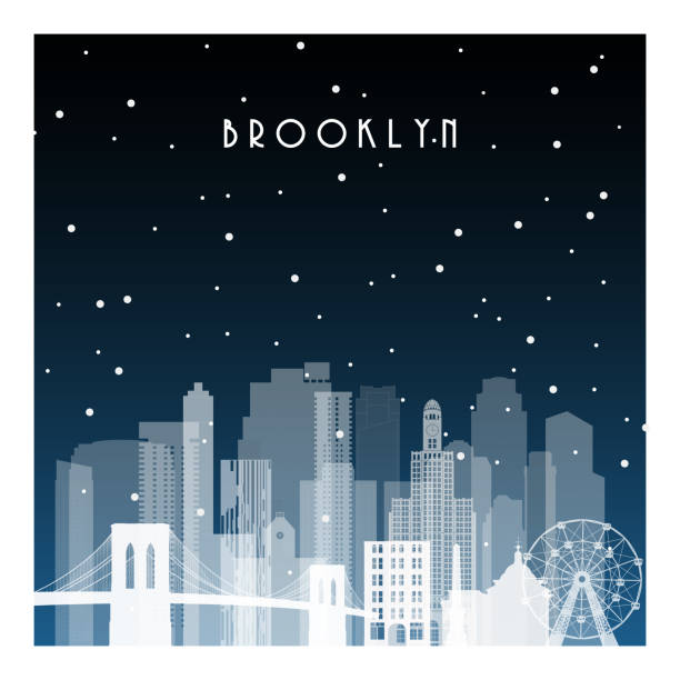 zimowa noc na brooklynie. nocne miasto w płaskim stylu na baner, plakat, ilustrację, tło. - new york city new york state skyline winter stock illustrations