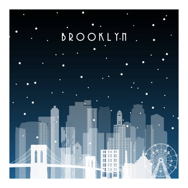 ilustrações de stock, clip art, desenhos animados e ícones de winter night in brooklyn. night city in flat style for banner, poster, illustration, background. - brooklyn bridge new york city brooklyn famous place