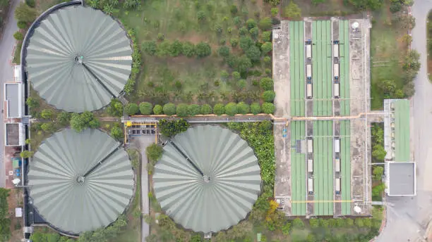 Aerial top view water treatment plant, Aerial top view recirculation solid contact clarifier sedimentation tank.