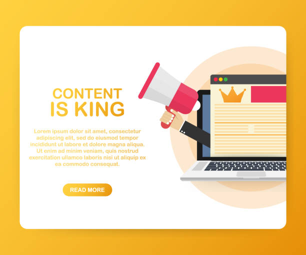 istock Content is king, marketing concept on a laptop screen. Flat vector illustration on yellow background. 1078536592