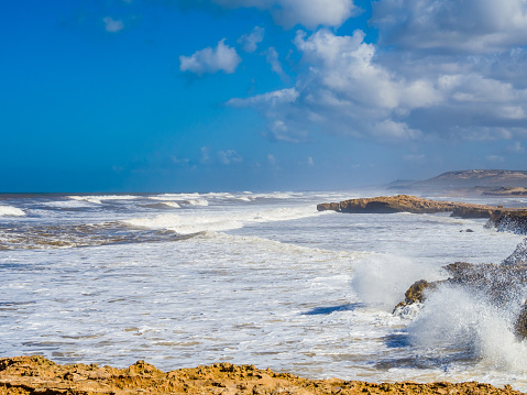 Stormy surf on Bhaibah beach near Essaouira, Morocco