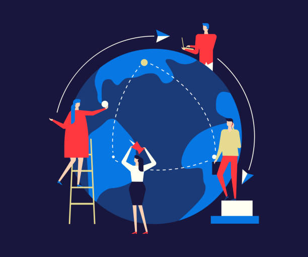 International business - flat design style colorful illustration International business - flat design style colorful illustration on blue background. Male, female colleagues, creative team standing around a globe, working on a project. Global communication concept global illustrations stock illustrations