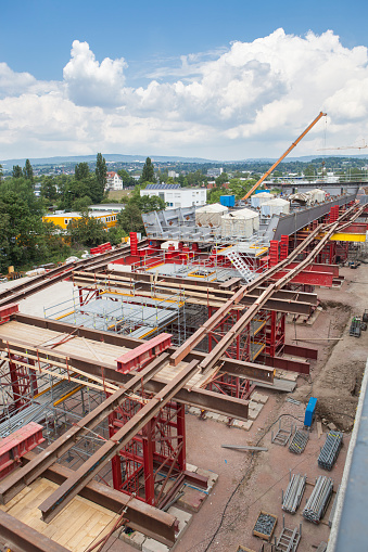 Gothenburg, Sweden - April 02 2023: Two construction cranes at a construction site.