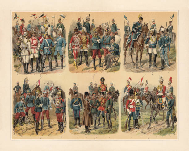 유럽 cavalries, chromolithograph (1857-1914 년), 리처드 knötel에 의해 1897 년에 출판 - prussia stock illustrations