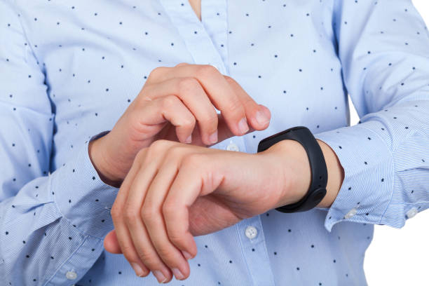 istock Mi fit band on female wrist 1078548606