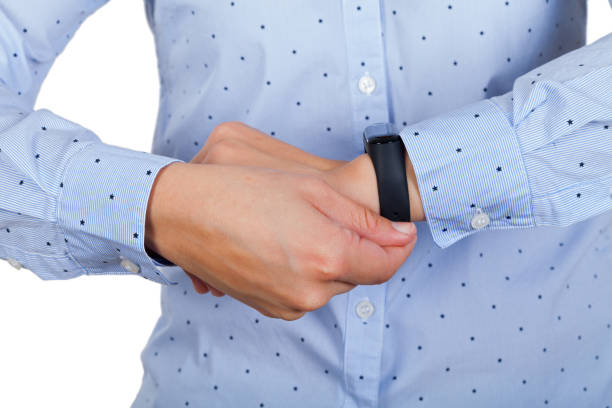 istock Mi fit band on female wrist 1078548634