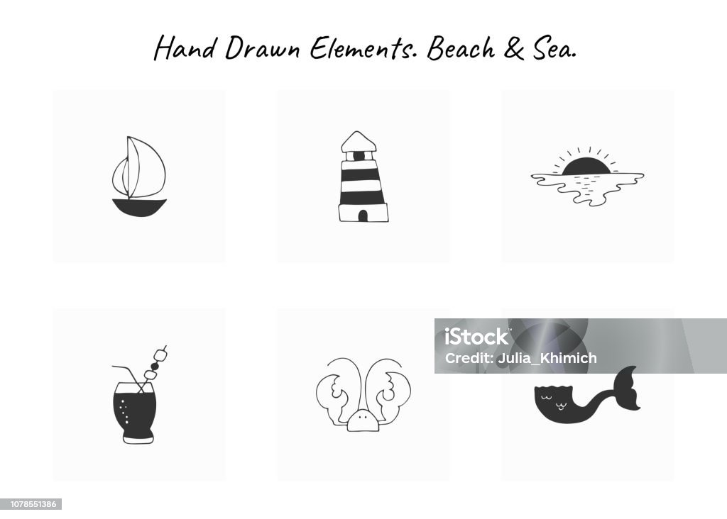 Set of vector hand drawn icons. Simple isolated elements for marine labels. Set of vector hand drawn icons. Simple isolated elements for marine badges and branding business identity. Perfect for sea and ocean related company, for tourism or souvenirs. Advertisement stock vector