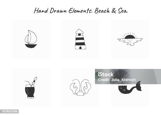 Set Of Vector Hand Drawn Icons Simple Isolated Elements For Marine Labels Stock Illustration - Download Image Now