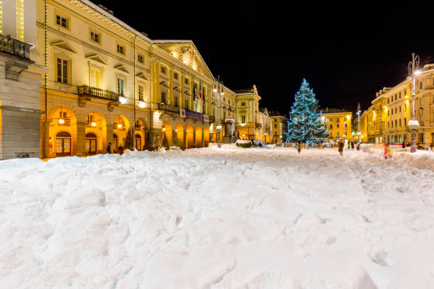 AOSTA, ITALY -  12 December 2017 .Chanoux Square and Town Hall in center of Aosta, at Christmas time. stock photo