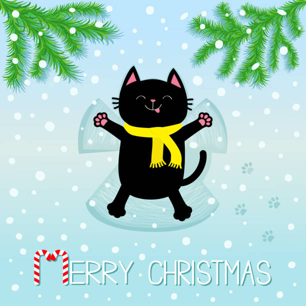 Merry Christmas. Black smiling cat laying on back. Making snow angel. Moving paws. Fir tree. Branch spruce Cute cartoon funny character Paw print track. Flat design. Blue snowflake background. Merry Christmas. Black smiling cat laying on back. Making snow angel. Moving paws. Fir tree. Branch spruce Cute cartoon funny character Paw print track. Flat design. Blue snowflake background. Vector snow angels stock illustrations