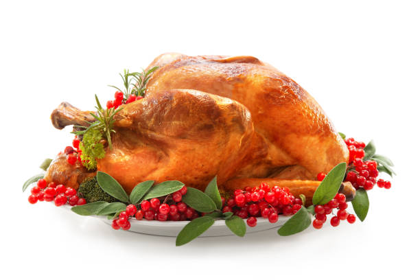 Christmas or Thanksgiving turkey Christmas or Thanksgiving turkey garnished with red berries and sage leaves isolated on white background turkey stock pictures, royalty-free photos & images