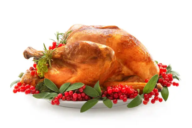 Christmas or Thanksgiving turkey garnished with red berries and sage leaves isolated on white background