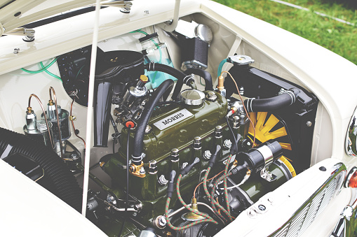 Beaulieu, UK - 12 June 2016: View under the bonnet of a classic Austin Mini Cooper car taken at the National Mini Cooper car show event.