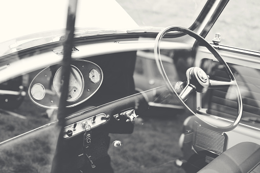 Beaulieu, UK - 12 June 2016: Interior view of a classic Austin Mini Cooper car taken at the National Mini Cooper car show event.