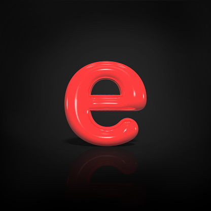 Glossy red paint  letter E lowercase of bubble isolated on black background, 3d rendering illustration