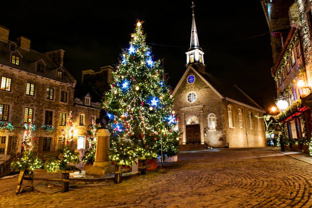 Petit Champlain at Lower Old Town at night on christmas event The Petit-Champlain at Lower Old Town at night on christmas event quebec city night scene stock pictures, royalty-free photos & images