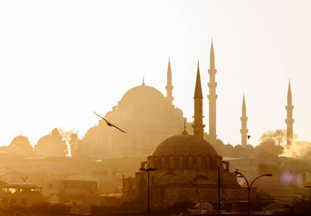 Scenic view of Blue Mosque(Sultanahmet Cami) with behind the New Mosque(Yeni Cami) at sunset. Eminonu, Istanbul, Turkey. mosque, religion, minaret, foggy, cityscape, new mosque, blue mosque, black and white blue mosque photos stock pictures, royalty-free photos & images