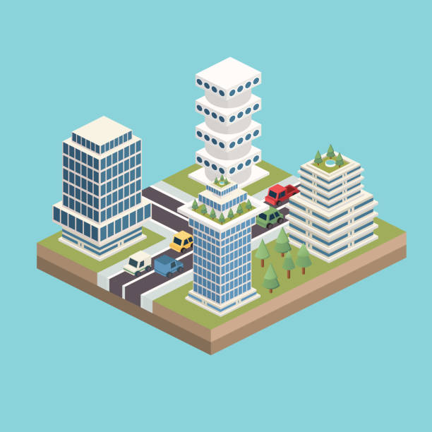 Modular Isometric Tile - Tall Business Tile A modular isometric tile with tall buildings/offices along a road with vehicles. car city urban scene commuter stock illustrations