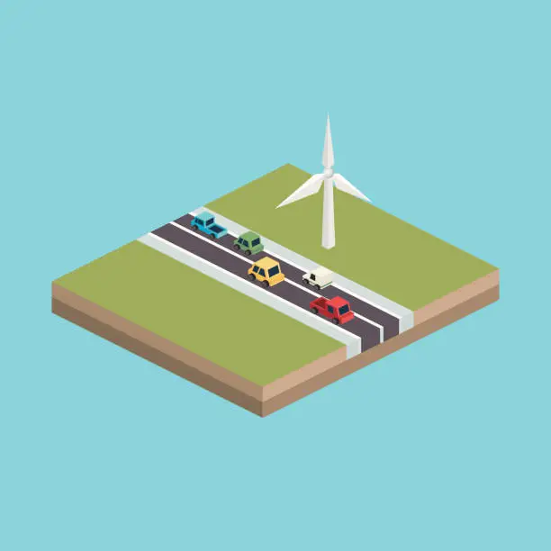 Vector illustration of Modular Isometric Tile - Wind Turbine with Road and Vehicles