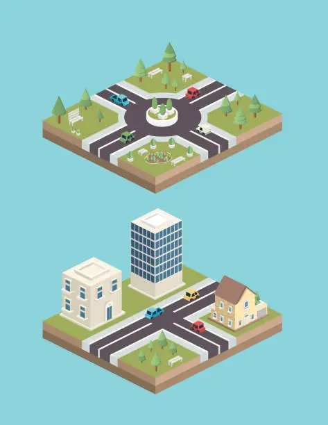 Vector illustration of Isometric Modular City Tiles - Mixed Buildings with Park