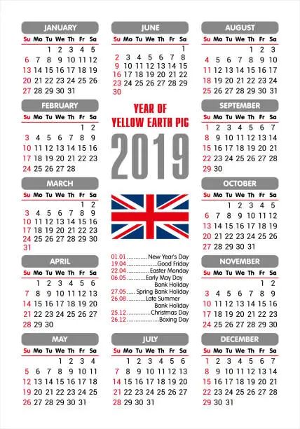 Vector illustration of 2019 Calendar - UK flag and holidays / starting Sunday / vector illustration