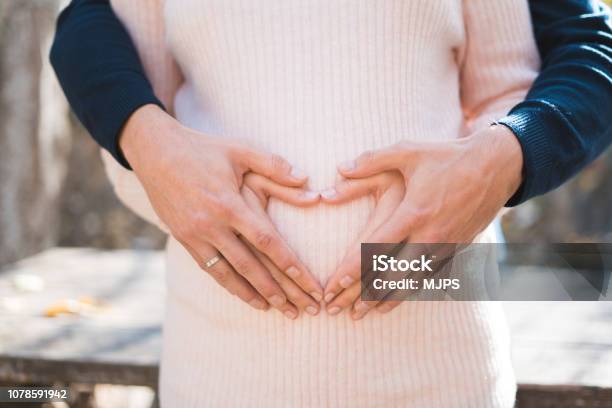 Beautiful Pregnant Woman And Her Handsome Husband Hugging And Making Heart On The Tummy Stock Photo - Download Image Now