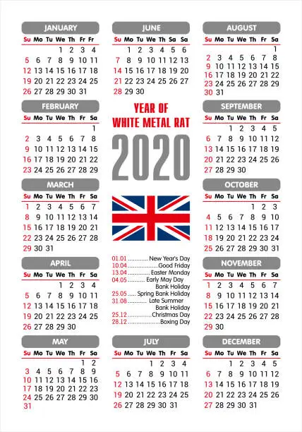 Vector illustration of 2020 Calendar - UK flag and holidays / starting Sunday / vector illustration