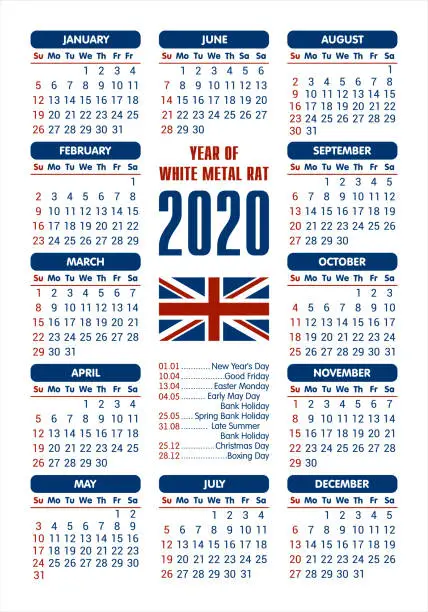 Vector illustration of 2020 Calendar - UK flag and holidays / starting Sunday / vector illustration