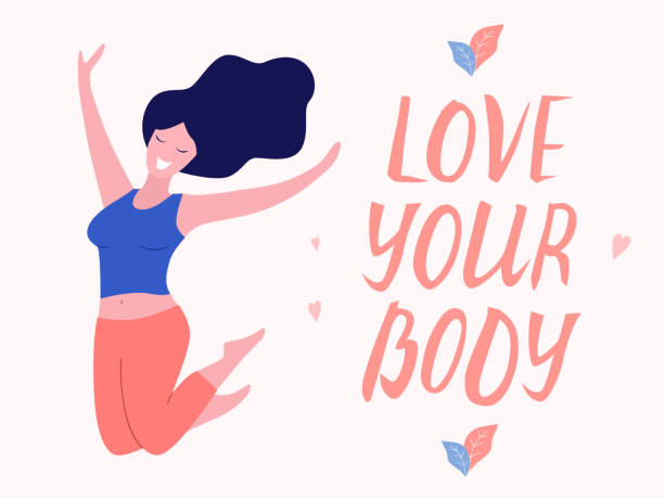 사랑 하는 당신의 신체 카드, 포스터. 아름 다운 더하기 크기 여자입니다. 몸 긍정적인 개념입니다. - happy woman stock illustrations