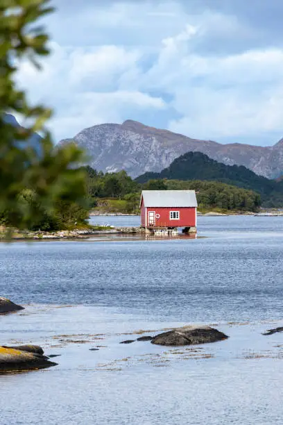 Photo of Old buildings or cabins, boathouses, Island Nautoya, Norway
