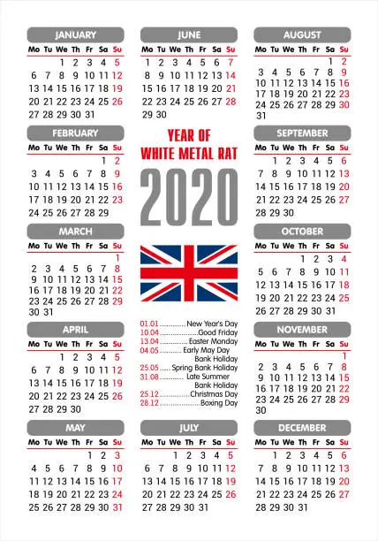 Vector illustration of 2020 Calendar - UK flag and holidays / starting Monday / vector illustration