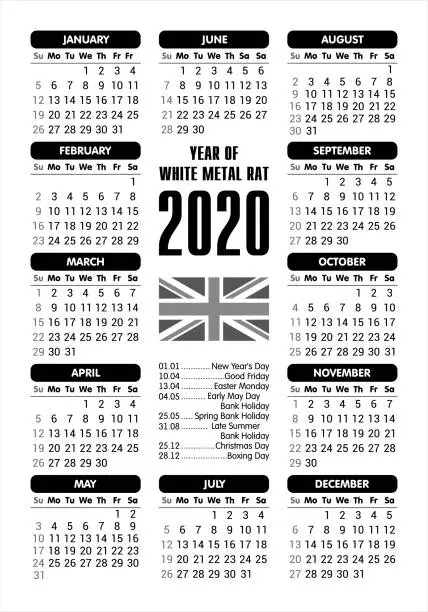 Vector illustration of 2020 Calendar - UK flag and holidays / starting Sunday / vector illustration