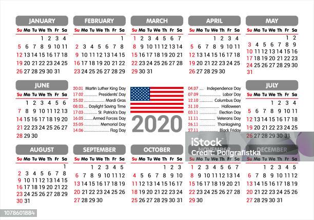 Ilustración de Calendario De 2020 Bandera Usa Y Festivos A Partir Del Domingo Vector Ilustración y más Vectores Libres de Derechos de 2020