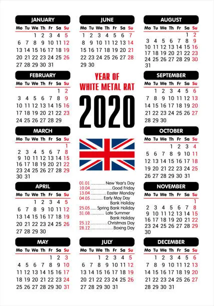 Vector illustration of 2020 Calendar - UK flag and holidays / starting Monday / vector illustration