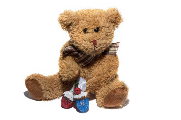 Toy teddy bear with acorns isolated on white background