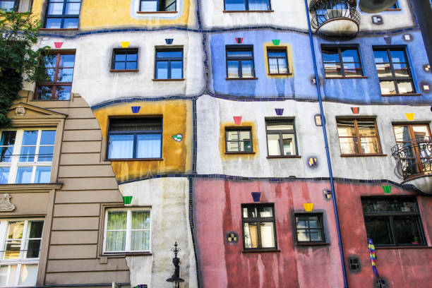 View of Hundertwasser house in Vienna, Austria Vienna, Austria - August 22, 2015: View of Hundertwasser house in Vienna, Austria. Idea and concept of Austrian artist Friedensreich Hundertwasser. hundertwasser house stock pictures, royalty-free photos & images