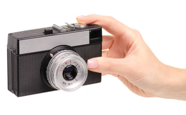istock Old photo camera in hand 1078633980