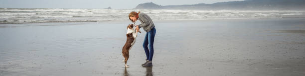 Young woman and her dog on a Northern California beach stock photo