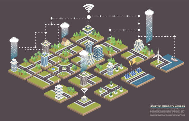 illustrazioni stock, clip art, cartoni animati e icone di tendenza di piastrelle modulari isometriche per smart city - computer icon symbol icon set highway