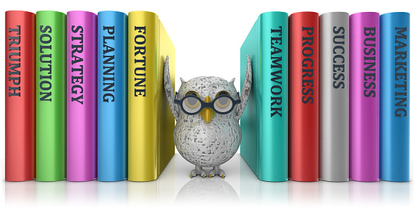 3d render. Owl and business books isolated on white background.