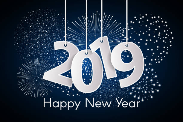 istock Blue light Happy New Year 2019 concept with paper cuted white numbers on ropes with fireworks. Vector illustration 1078660618