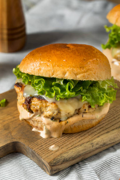 spicy homemade chipotle chicken burger - turkey burger imagens e fotografias de stock