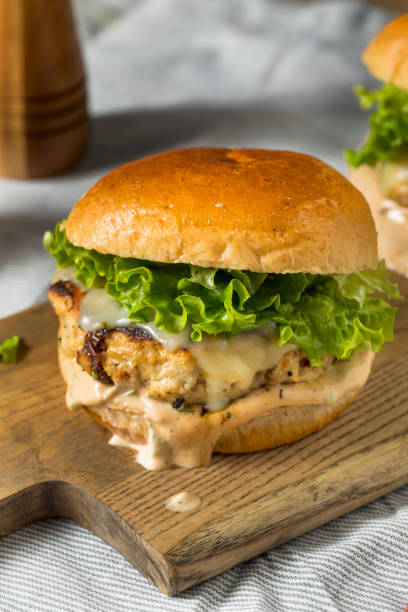 пряный домашний chipotle куриный бургер - turkey burger стоковые фото и изображения